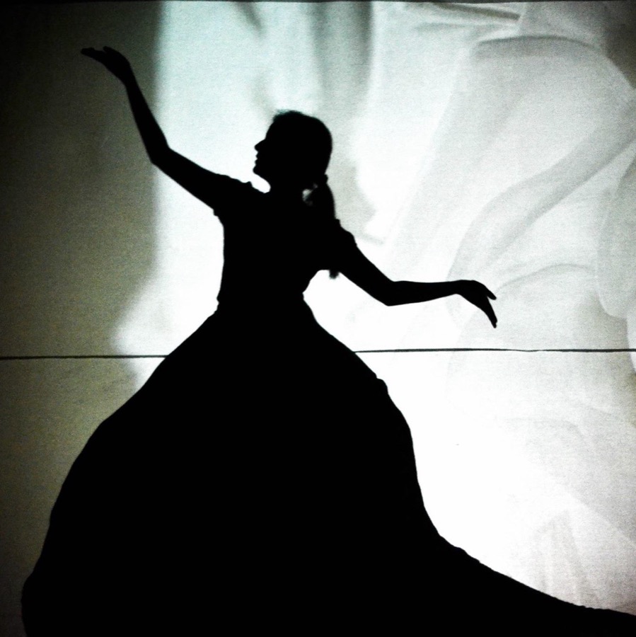Silhouette of a performer in a flowing dress against a lit screen